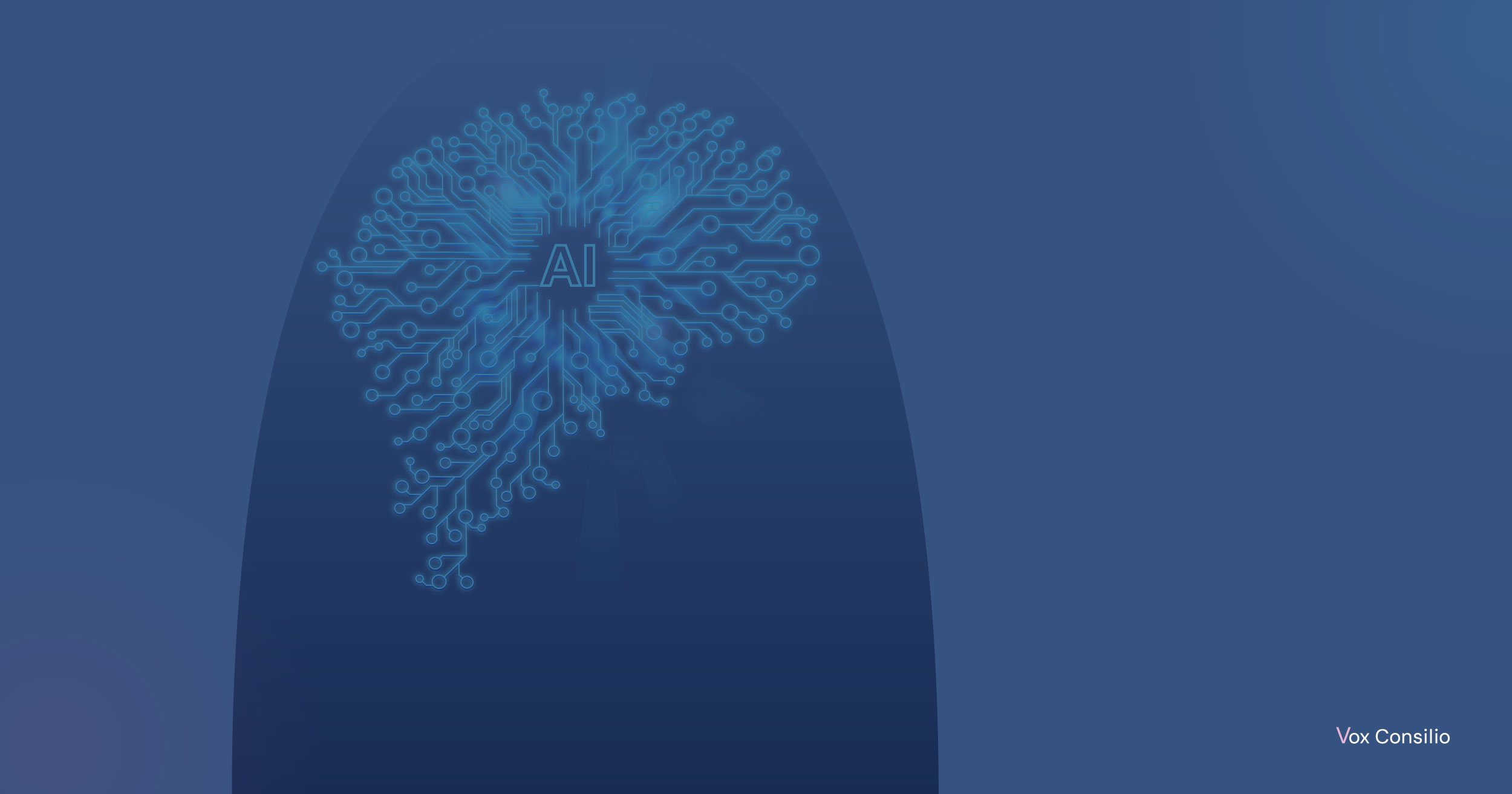 A glowing circuit-board motif forming the letters AI, on the Vox Consilio blue background